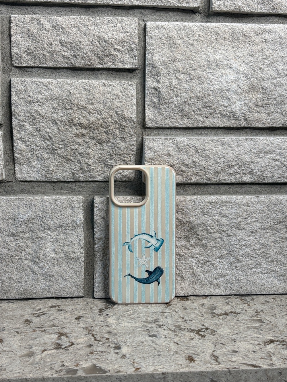 Striped Blue & Cream Dolphin Embroidered Phone Case - Unbranded